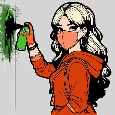 realistic girl with mask spray painting a wall