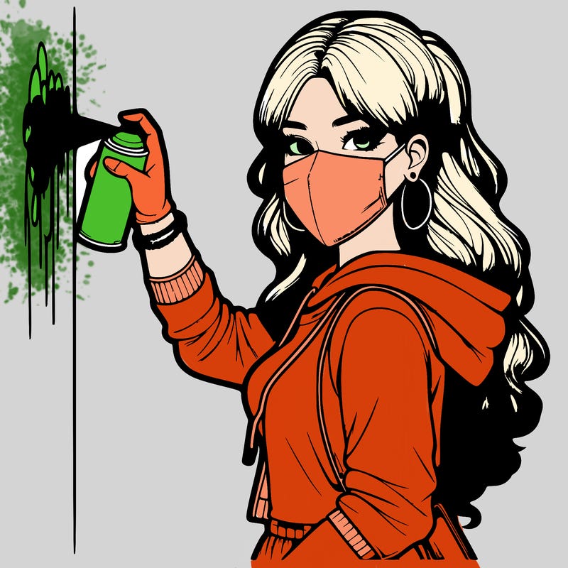 realistic girl with mask spray painting a wall
