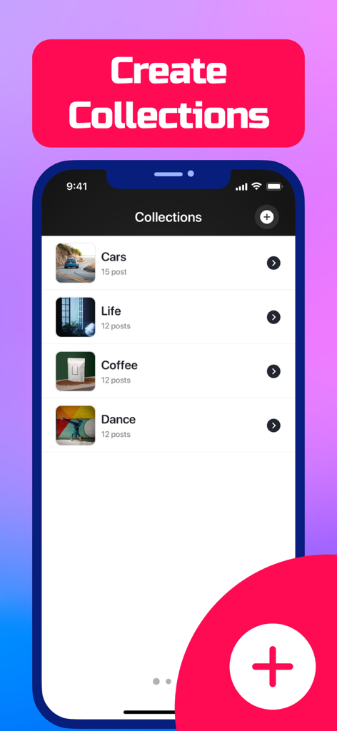 A mobile interface of the SaveTk app showing organized video collections like Cars, Life, Coffee, and Dance