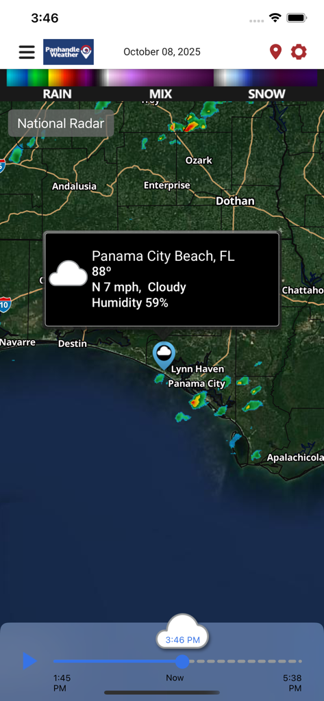 Screenshot of the Panhandle Weather App showing a live interactive radar map with a weather forecast for Panama City Beach Florida