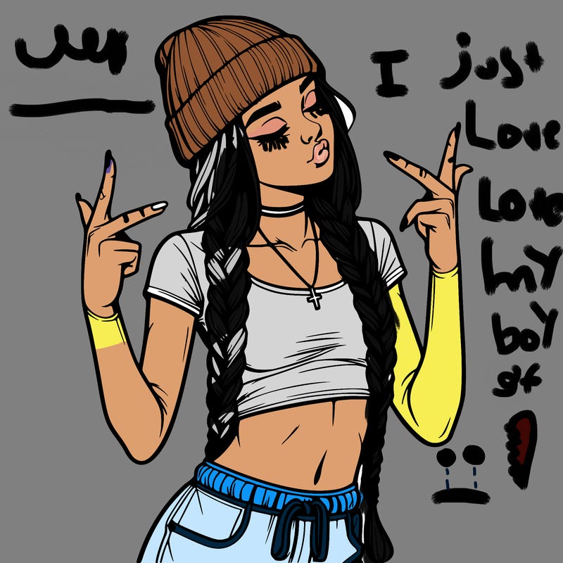 realistic teenage girl with braids and a beanie and crop top doing 🫶🏼