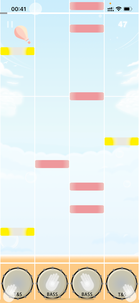 A mobile rhythm game screen for learning African djembe drumming featuring four interactive pads and falling musical notes against a blue sky background