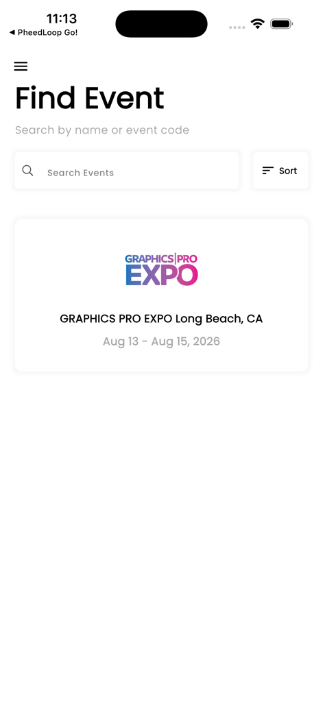 GRAPHICS PRO EXPO - Find event screen in the Graphics Pro Expo app displaying a card for the Long Beach CA expo