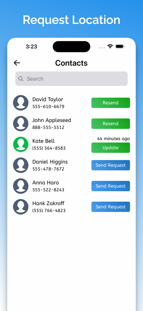 Lista de contactos en la aplicación Rastreador de Ubicación de Teléfono Móvil que muestra botones de solicitud de ubicación