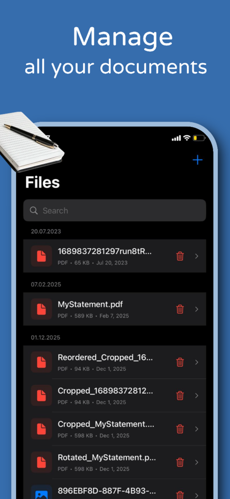 Capture d'écran d'iPhone de l'application Print Master montrant une liste de documents PDF gérés prêts à être imprimés