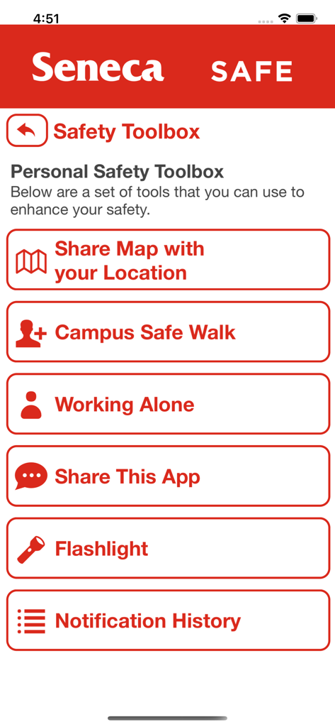 Seneca Safe mobile app Safety Toolbox interface with options for Campus Safe Walk, Working Alone, and Location Sharing.
