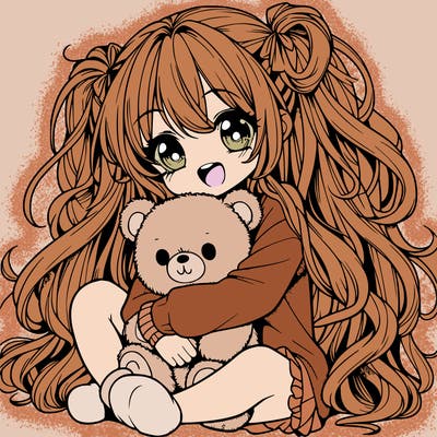 manga girl, long curly hair, happy, cuddling a teddy bear