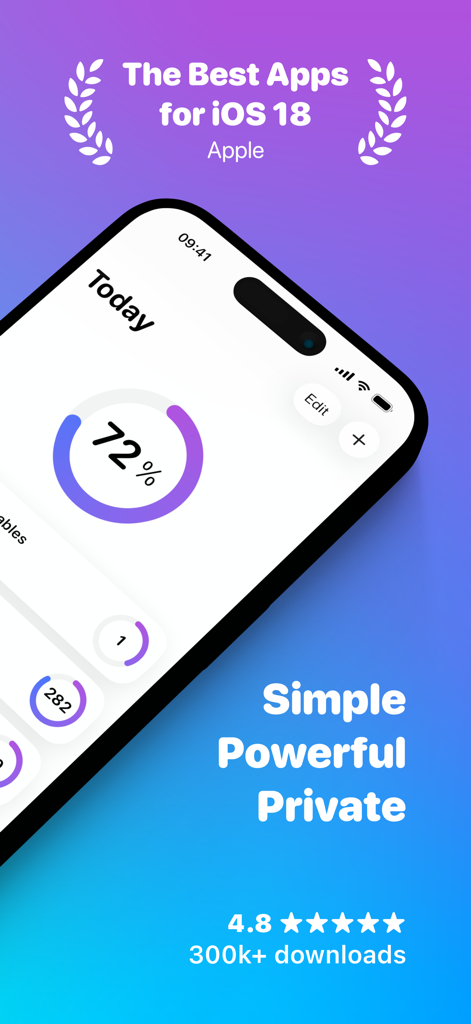 Awesome Habits: Habit Tracker - Awesome Habits app interface on iPhone showing a daily habit progress circle at 72 percent and iOS 18 award text