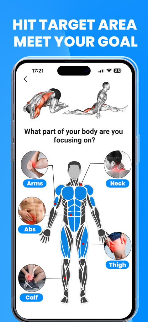 Stretch for Pain & Tension - App interface displaying a body map to select specific areas for stretching and pain relief