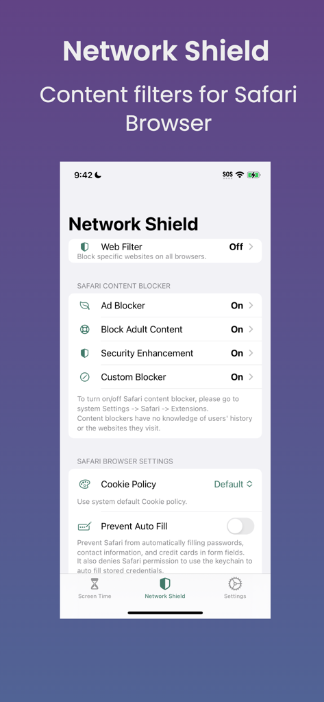 OmniLock - OmniLock app interface showing network shield settings with ad blocker and adult content filters for Safari