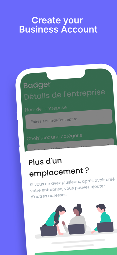 Pantalla móvil para que los comerciantes creen una cuenta de negocio en Badger Cards con campos para detalles de la empresa.
