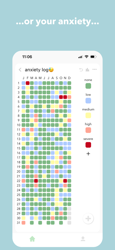 Screenshot of Pixa app showing an annual anxiety log with a color coded pixel grid for tracking mental health.