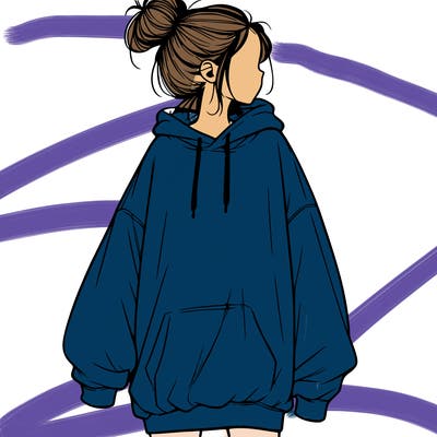 realistic girl with a oversized sweatshirt on and a bun