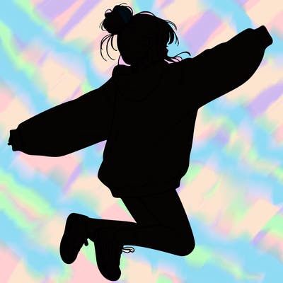 realistic girl jumping with a bun and oversized sweatshirt
