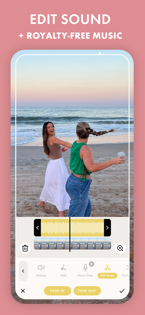Filmm: One-Tap Video Editor - Interface do aplicativo Filmm para edição de som e música isenta de royalties