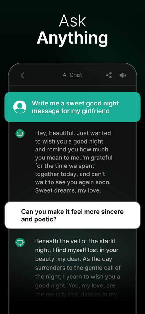 Chat AI mobile app screenshot displaying a chat conversation for writing a romantic and poetic message