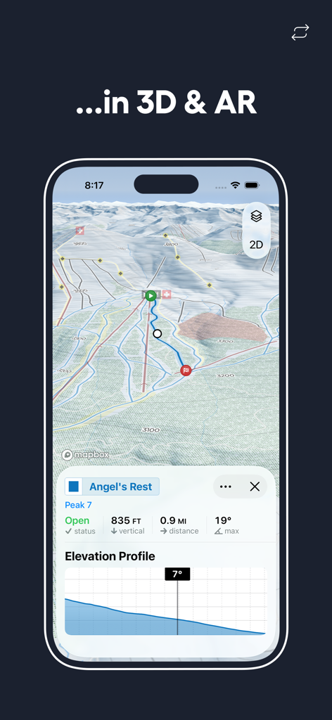 Die Slopes-App zeigt eine 3D-Skigebietskarte mit Höhenprofil und Abfahrtsstatistiken für Angel's Rest an.