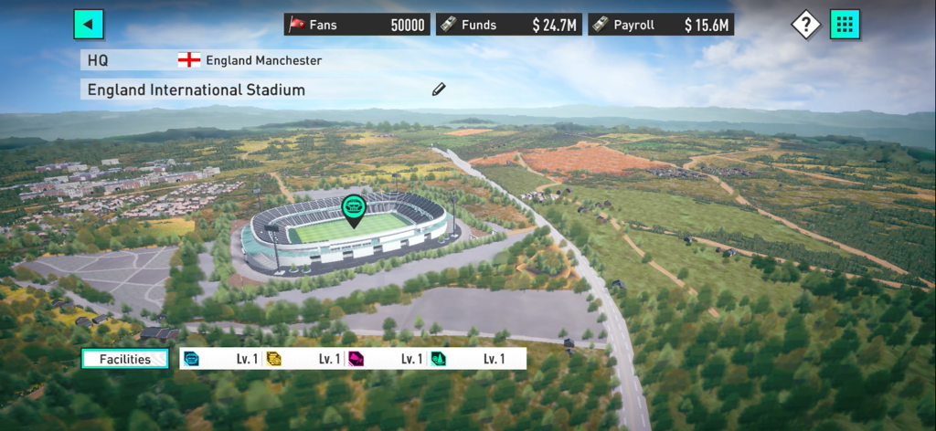 Aerial view of a football stadium and club facilities in the SEGA Football Club Champions management interface.