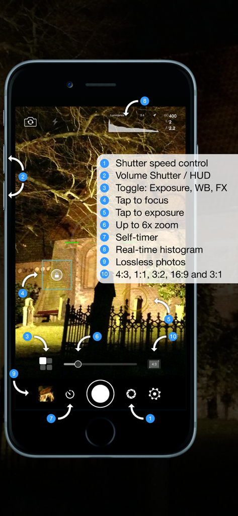 Interfaz de la aplicación Night Camera HD en iPhone mostrando controles de fotografía manual e histograma en tiempo real para tomas nocturnas profesionales