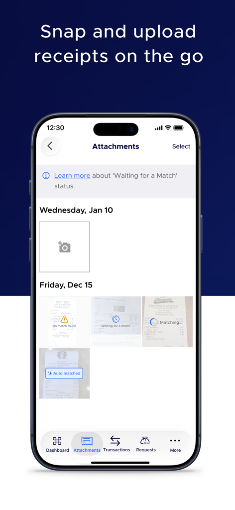Tela do aplicativo móvel PEX mostrando a seção de anexos para captura e correspondência de fotos de recibos