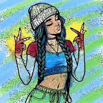 realistic teenage girl with braids and a beanie and crop top doing 🫶🏼