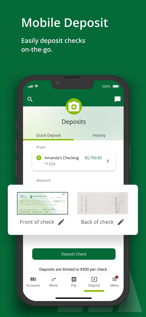 Interface of the Redwood Credit Union app showing the mobile check deposit feature with options to capture the front and back of a check.