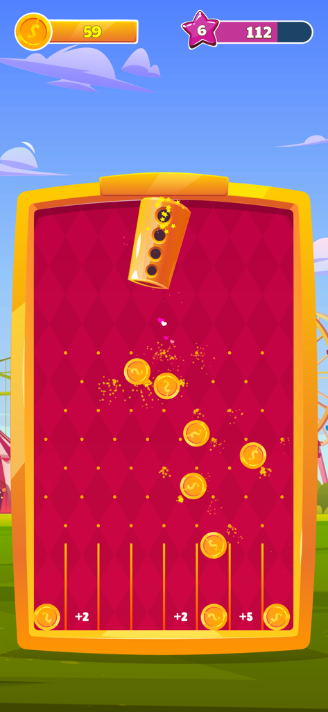 Coin Blast - Arcade-style gameplay of Coin Blast showing gold coins falling through a red diamond pegboard into scoring slots.
