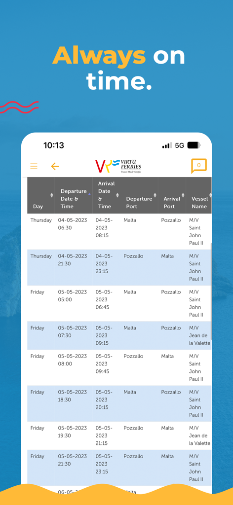Screenshot dell'app mobile Virtu Ferries che mostra un dettagliato orario di viaggio in traghetto tra Malta e Sicilia