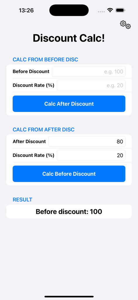 할인으로 원래 가격을 찾기 위한 역산 기능을 보여주는 할인 계산기 앱의 인터페이스