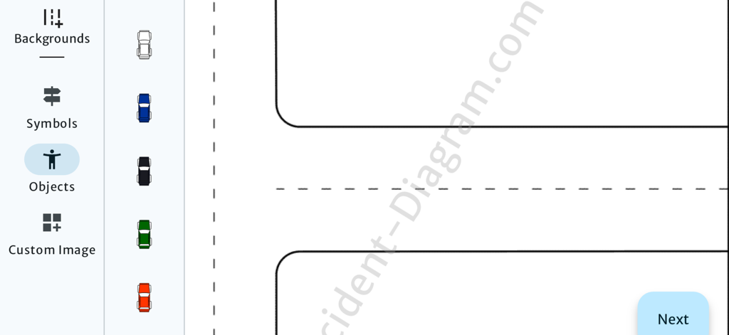Accident Diagram DB - Interface of Accident Diagram DB app showing a road layout and car icons to document a traffic accident