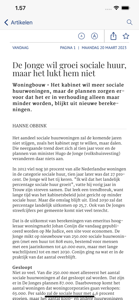 A news article titled De Jonge wil groei sociale huur displayed in the Trouw digital newspaper app text view mode