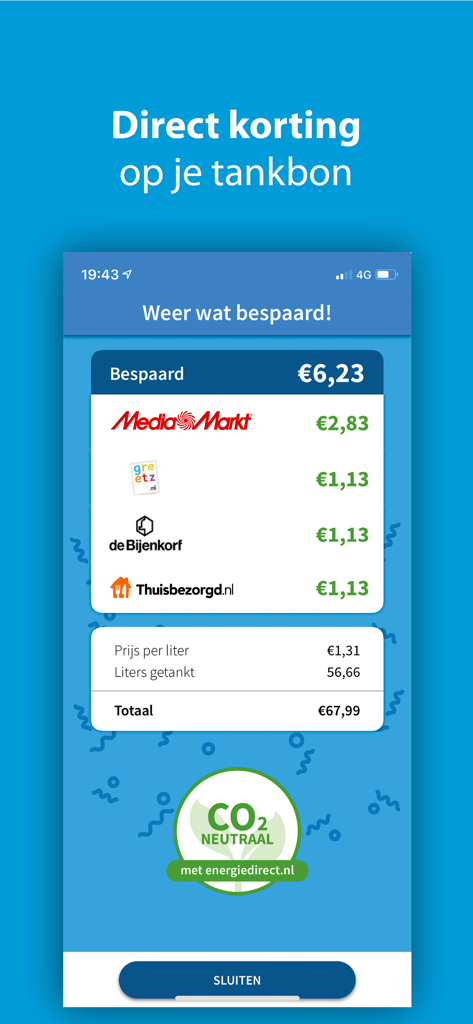Tankey - Goedkoop tanken - Tankey app screenshot showing fuel savings summary and discounts stacked from partner shops