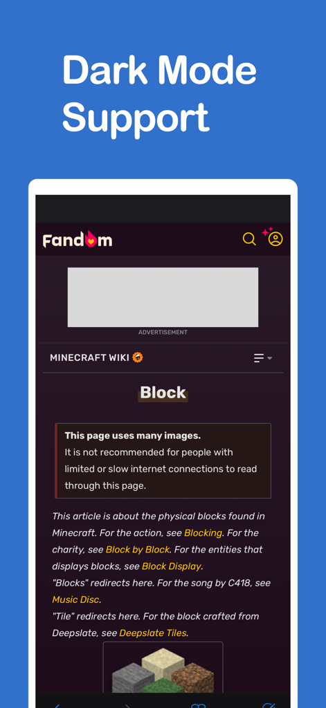 Mobile Ansicht des Kinder Browsers, die eine Minecraft Wiki-Seite im Dark Mode anzeigt