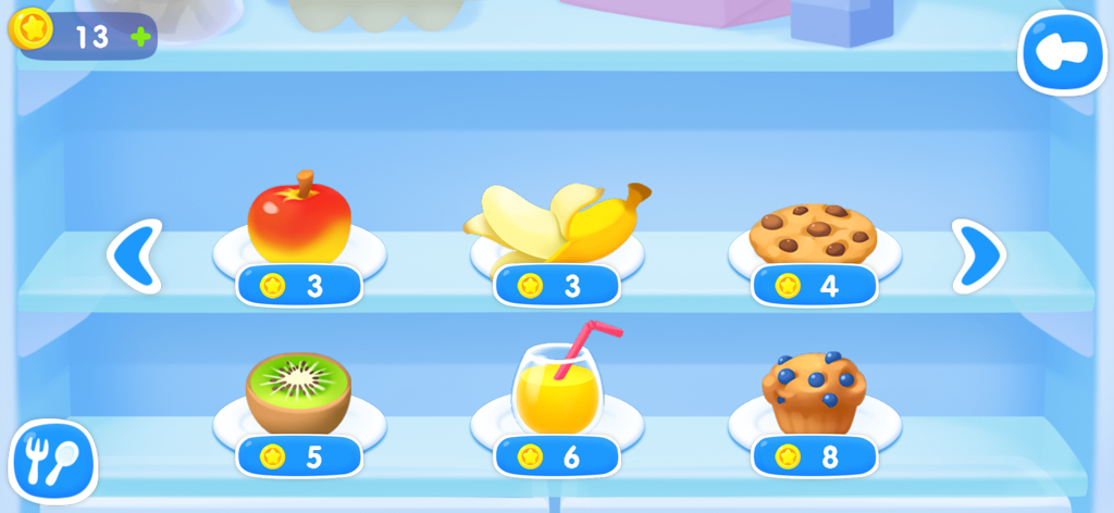 A colorful in-game store menu showing fruit and snacks like apples and cookies with star prices to feed virtual pets