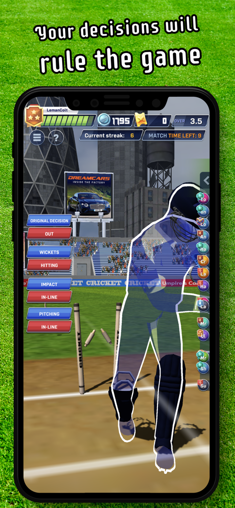 Cricket LBW - Umpire's Call - Mobile game screen of Cricket LBW showing an umpire making a decision with ball tracking and DRS graphics