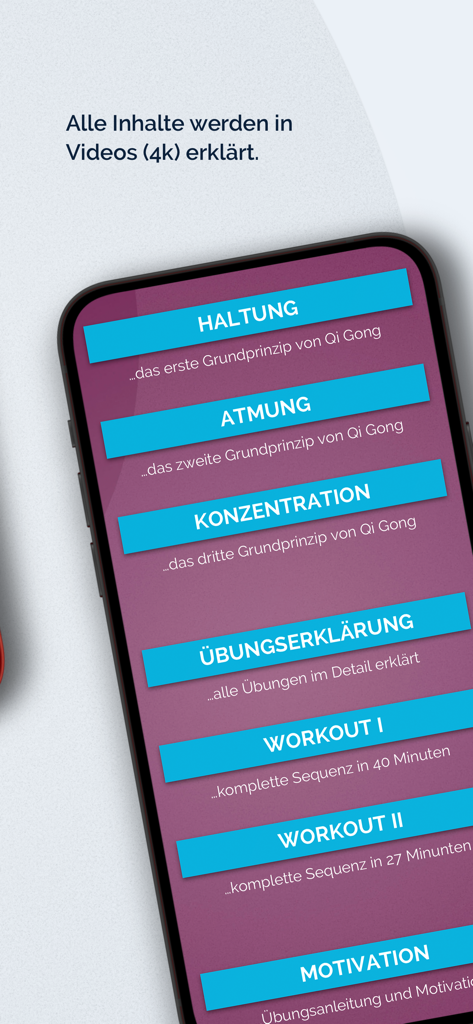 Pantalla del menú de la aplicación mostrando módulos de video de Qi Gong para respiración, postura y ejercicios