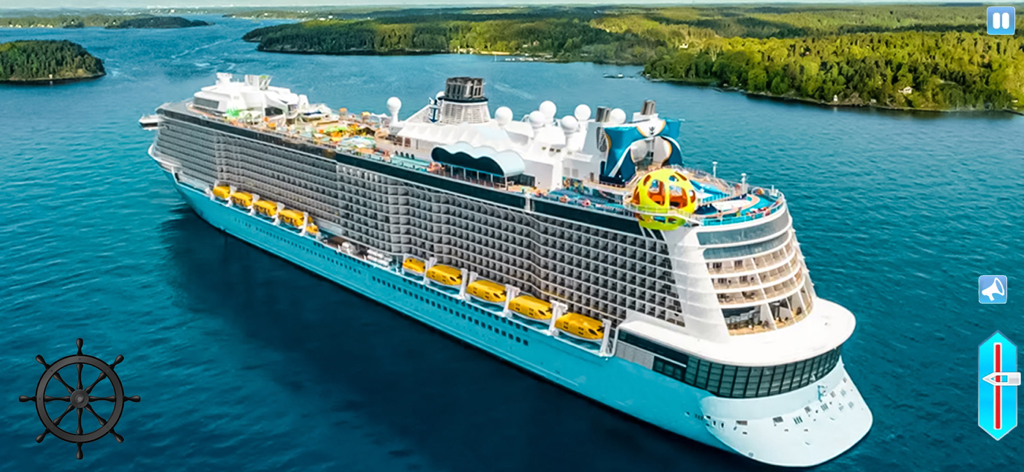 A large luxury cruise ship navigating through islands in a simulator game