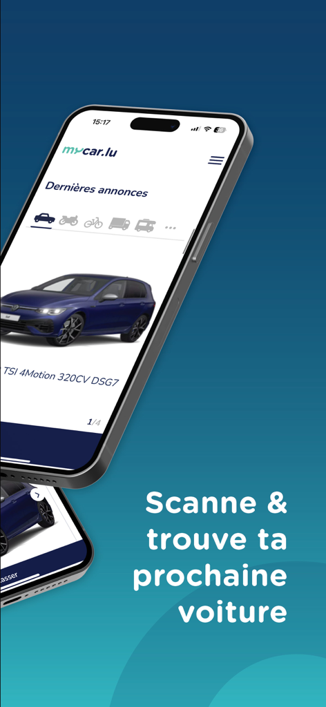 Mycar.lu - Mycar.lu mobile app showing used car listings and the image search feature.