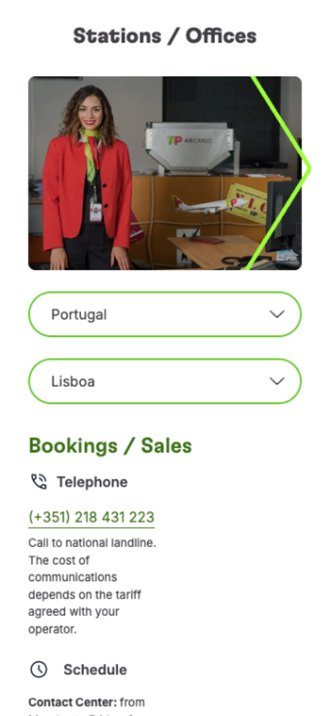 TAP Cargo - TAP Cargo app screen showing station and office contact details for bookings and sales in Lisbon Portugal