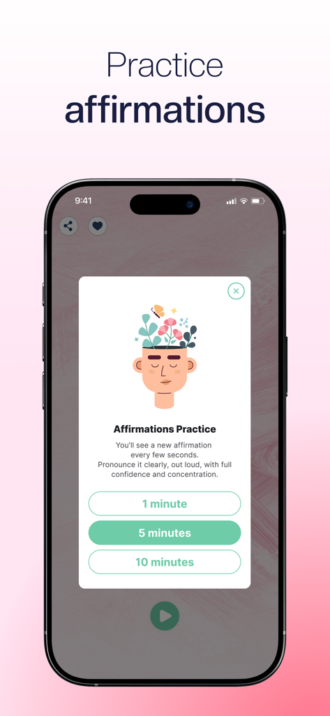 Daily Affirmations—Positive Me - Interfaz de la aplicación Yo Positivo que muestra opciones de duración para una sesión de práctica de afirmaciones diarias.