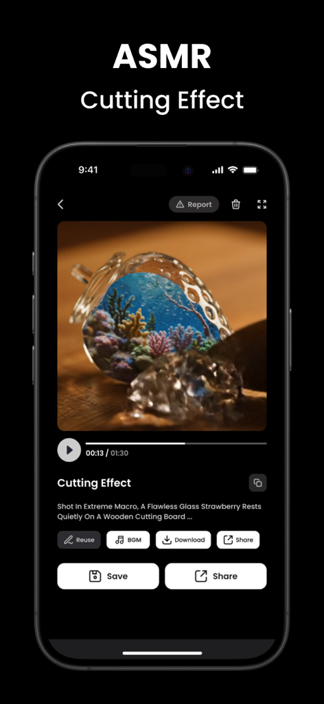 Smartphone screen displaying the ASMR cutting effect feature in the Video AI app with a glass strawberry video