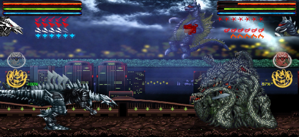 Godzilla: Omniverse - Screenshot di gioco di Godzilla Omniverse che mostra una battaglia in pixel art 2D tra Biollante e un kaiju robotico in una città notturna