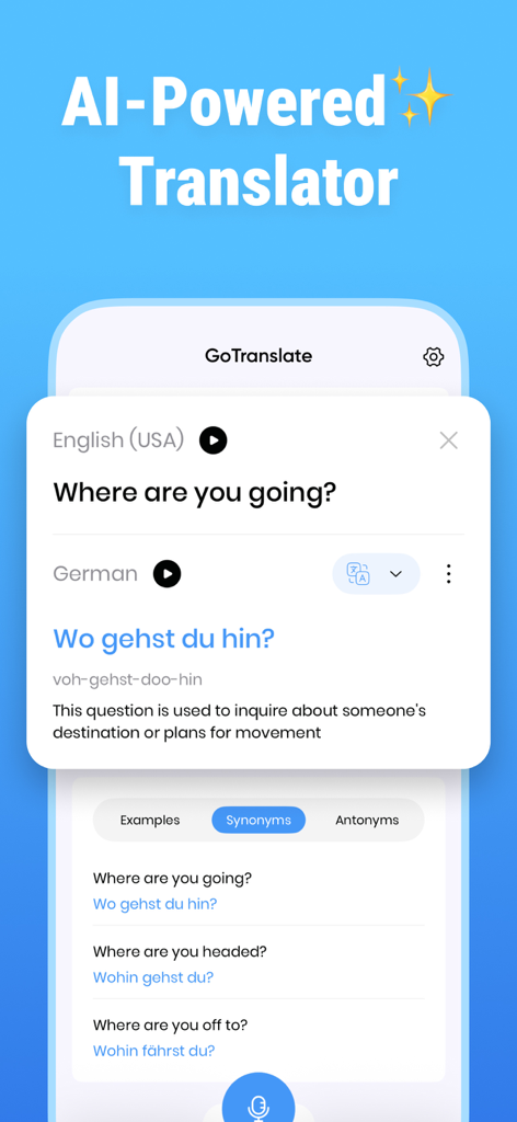 GO Translate: AI Translator - Go Translate app interface showing English to German translation with AI powered features and synonyms