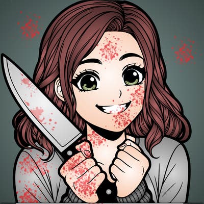 a realistic girl holding a knife and grinning