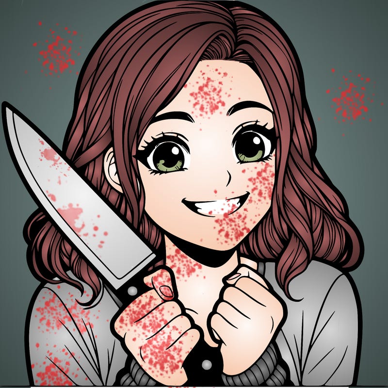 a realistic girl holding a knife and grinning