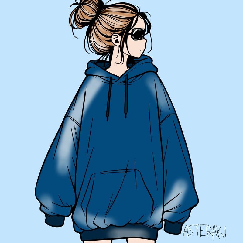 realistic girl with a oversized sweatshirt on and a bun