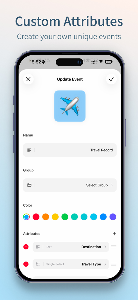 AnyLog - Life Tracker - Screenshot of the AnyLog app interface for creating custom life tracking events with personalized fields and colors.