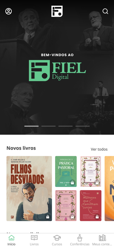 Fiel Digital - Home screen of the Fiel Digital app featuring Reformed Christian books and theological resources.