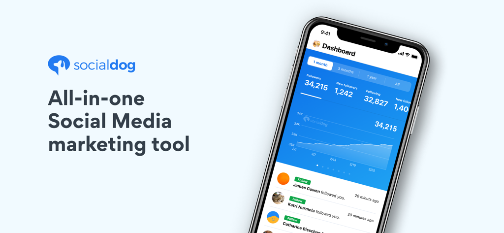 SocialDog - Social Media Tool - ソーシャルメディア分析とフォロワー管理を示すSocialDogアプリのダッシュボードをスマートフォン画面で表示