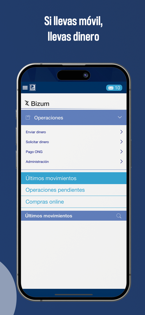 e-pueyo - Interfaz móvil de la app de banca e-pueyo mostrando la sección de pago Bizum P2P con opciones para enviar y solicitar dinero